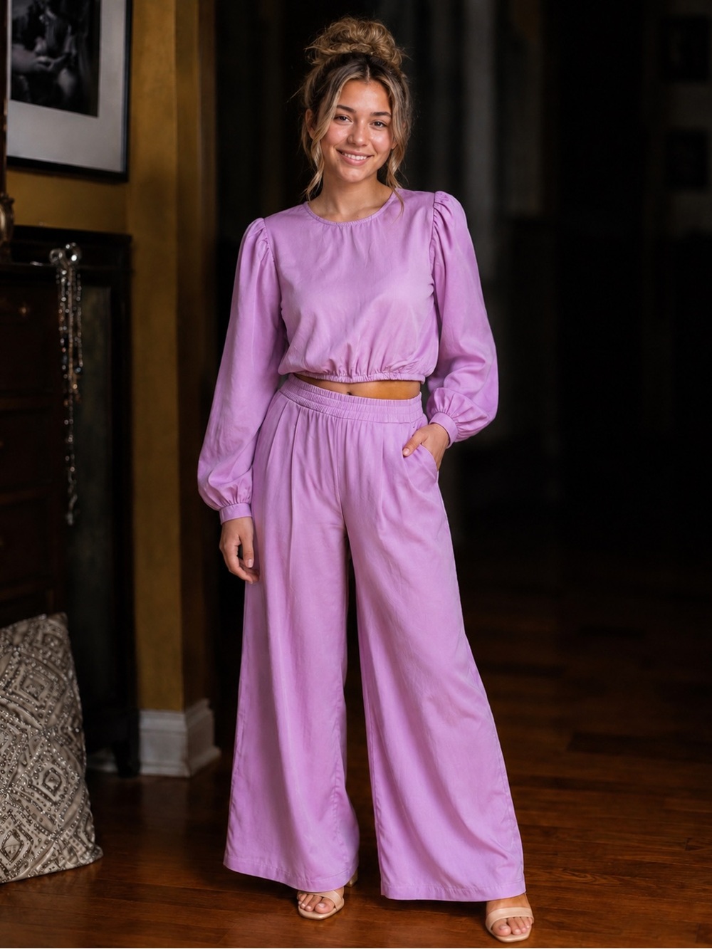 Women's pink 2 piece set Wide-Leg Pants and puff sleeve crop top